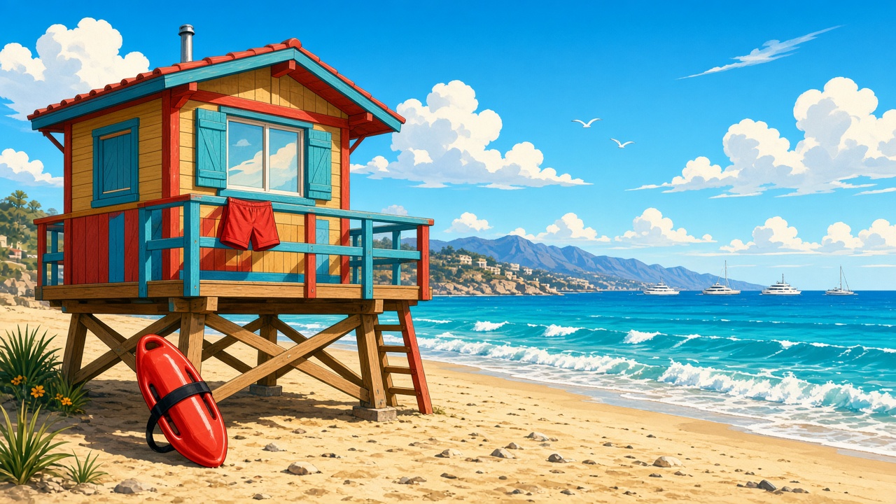 Conceptual colourful lifeguard hut and rescue float beside a sunny beach