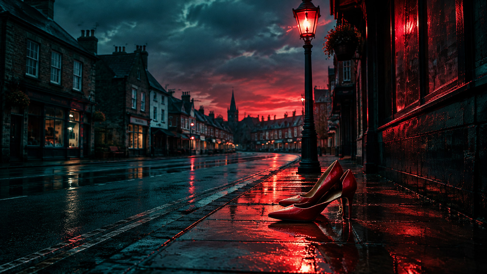 AI artwork: red stiletto shoes on a wet English high street at dusk under a flickering streetlamp