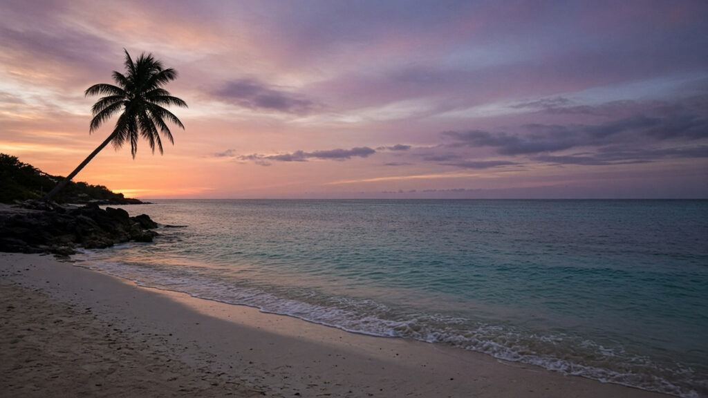 AI artwork: an empty Caribbean beach at dusk with a lone lifeguard tower and fading light over the sea