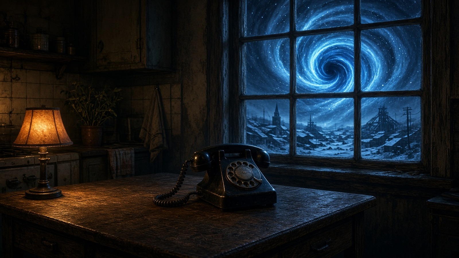 AI artwork of an old rotary telephone on a desk beside a window showing a swirling blue time vortex over a snowy town