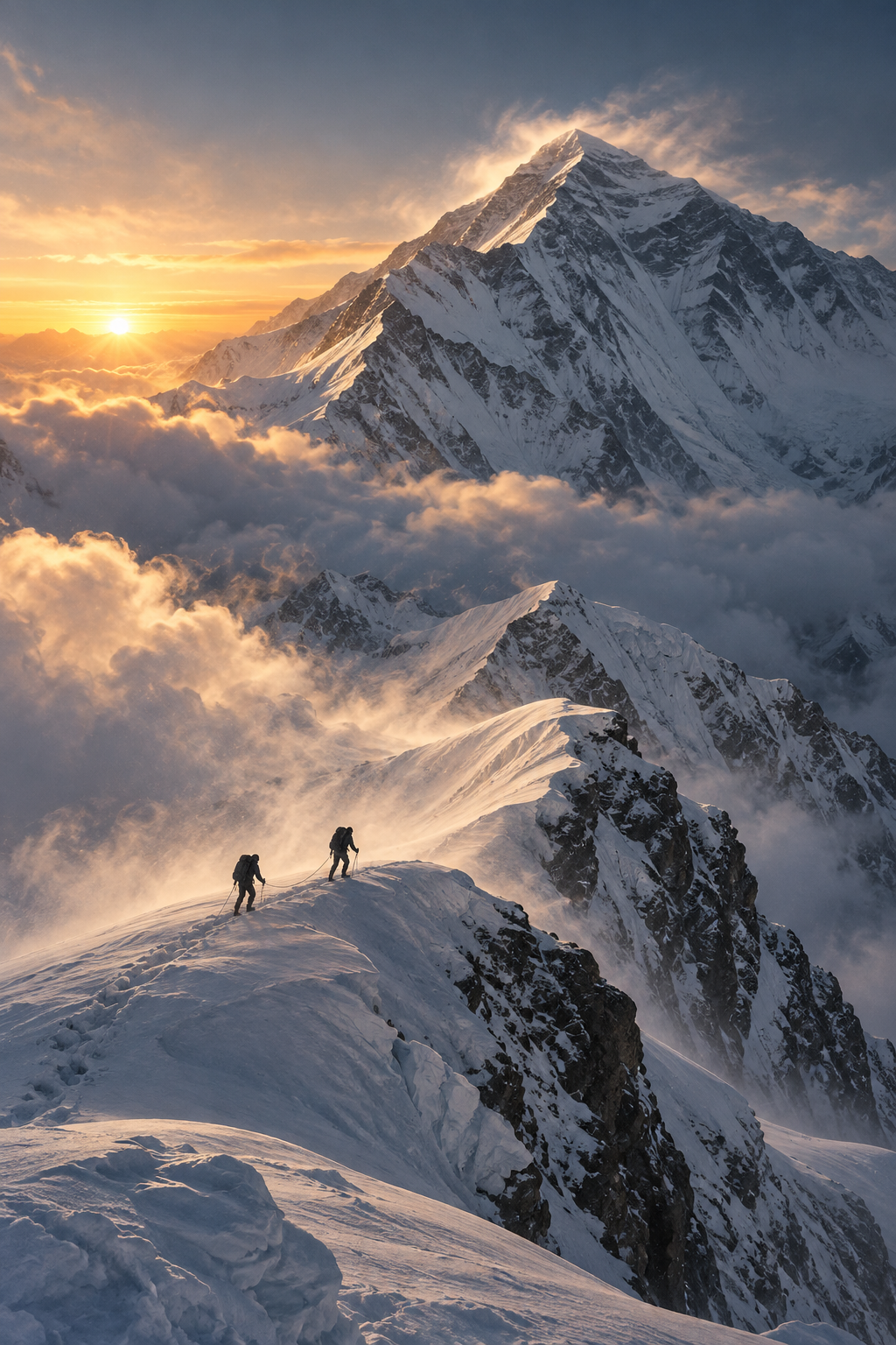AI-created editorial illustration evoking Tenzing through two anonymous mountaineers on a vast Himalayan ridge