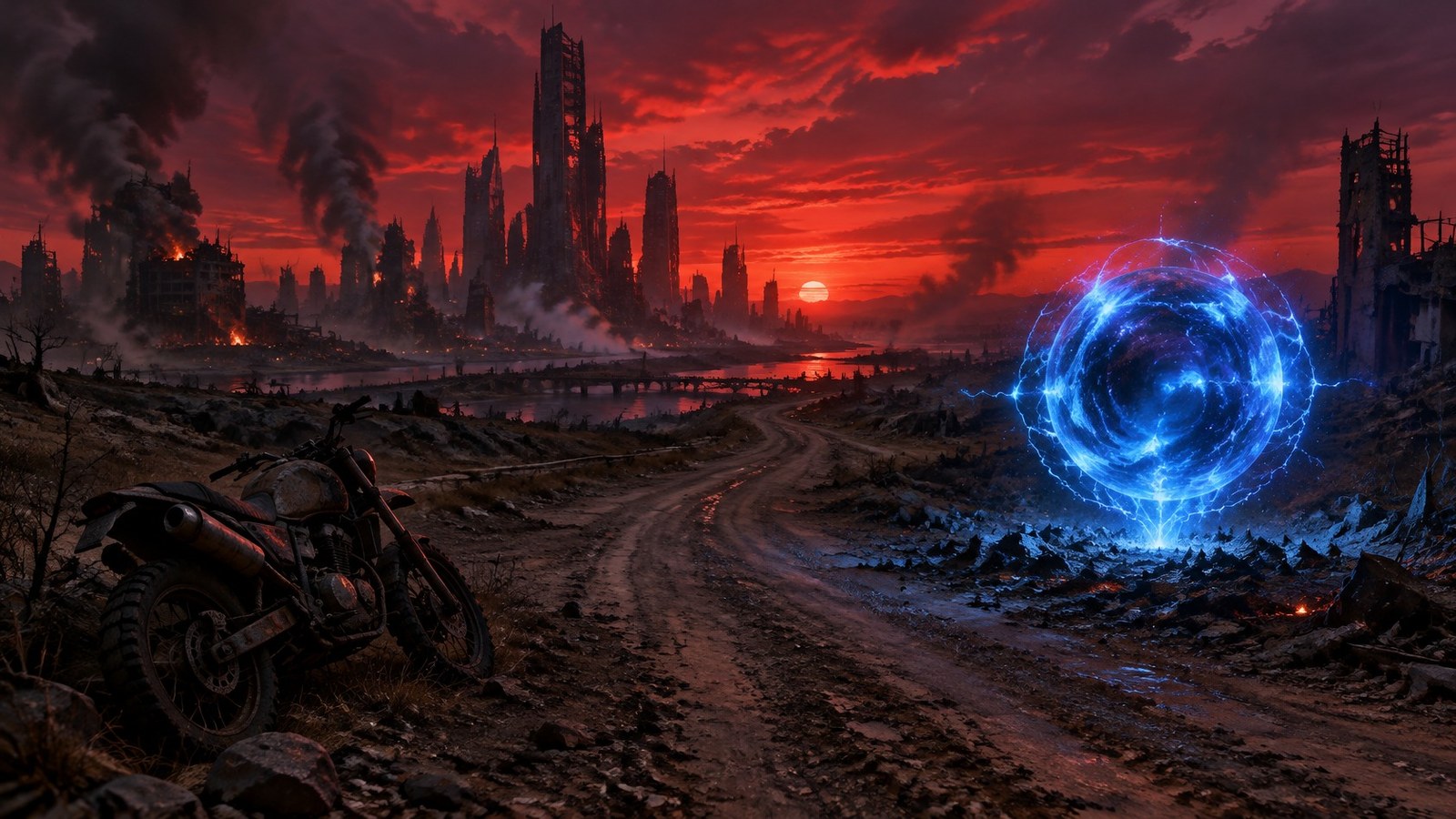 AI artwork of a ruined city under a blood-red sky, an abandoned motorcycle beside a crackling blue time-travel sphere
