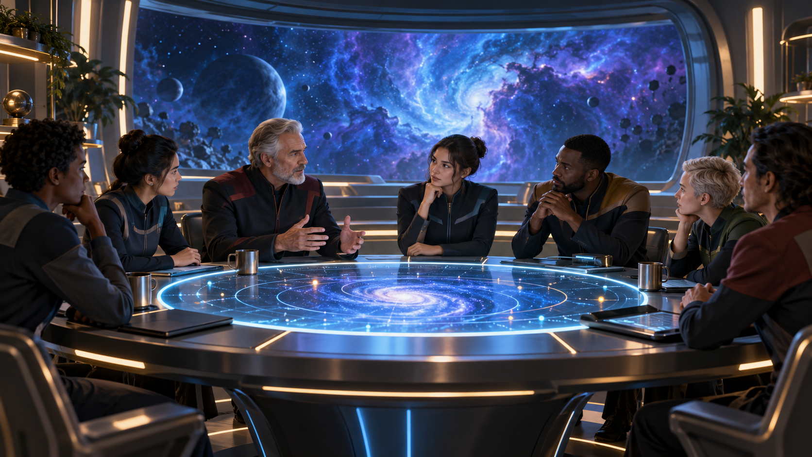Original editorial illustration of older and younger deep-space explorers discussing the future around a luminous command table