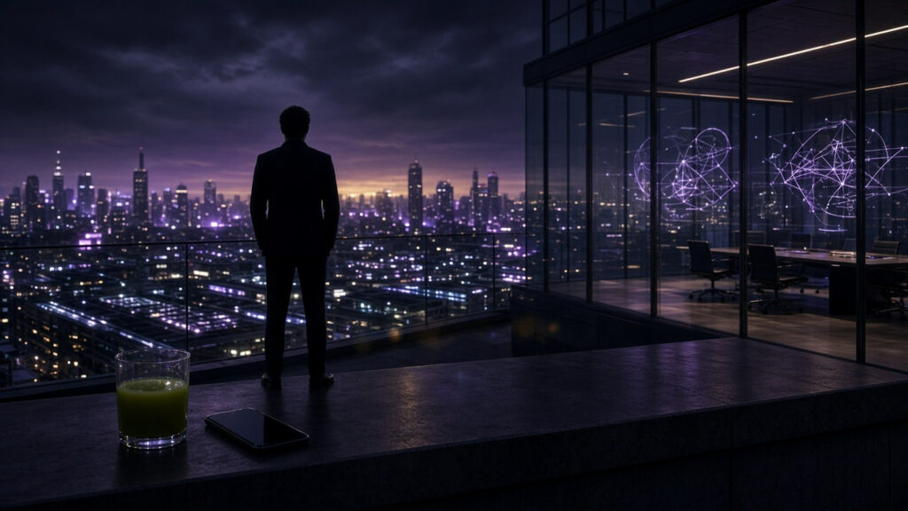 AI artwork of a sleek glass-walled Silicon Valley tech campus at night, a lone figure in a dark suit silhouetted on a rooftop terrace above glowing data screens and a moody purple and gold skyline