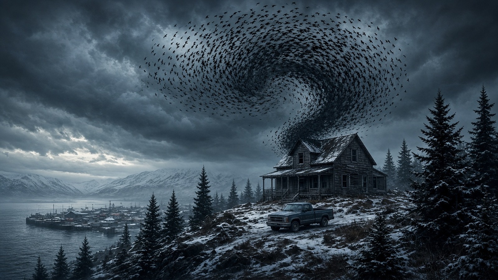 AI artwork of a vast swirling flock of birds above a lonely wooden house on a snowy coast under a storm sky