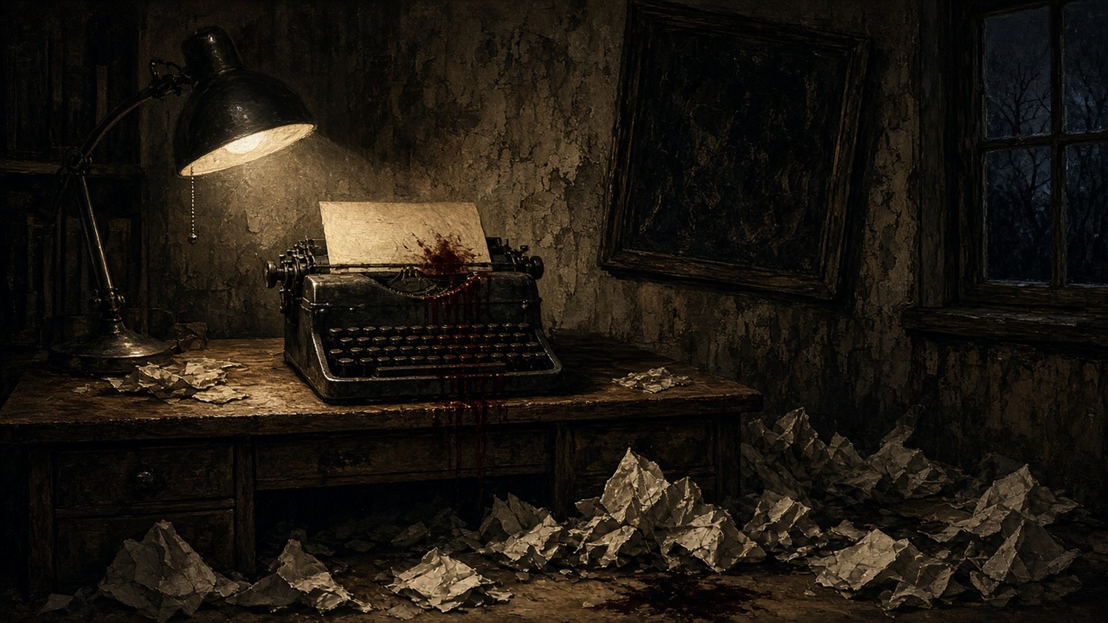 AI artwork of a typewriter under a desk lamp in a shadowy study, with crumpled pages piled on the floor
