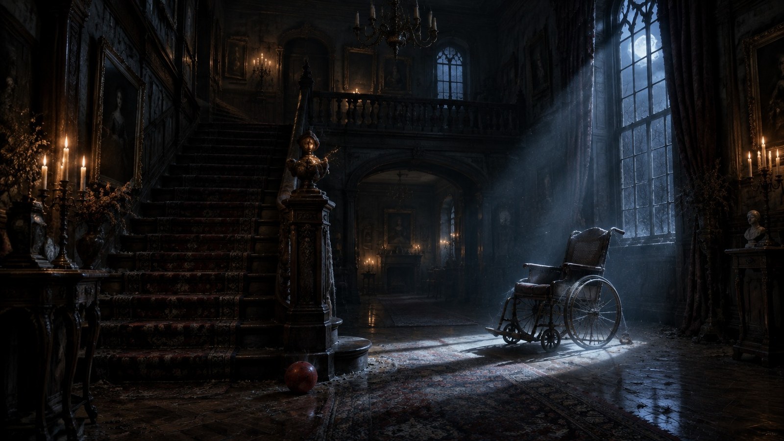 AI artwork of a dark old mansion hallway with a grand staircase, an empty wheelchair caught in moonlight and a red ball on the floor
