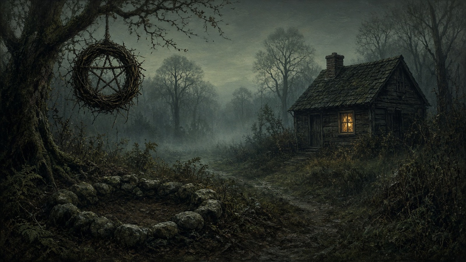 AI artwork of a lit woodland cabin in a misty forest, with a twig pentacle hanging from a tree above a ring of stones
