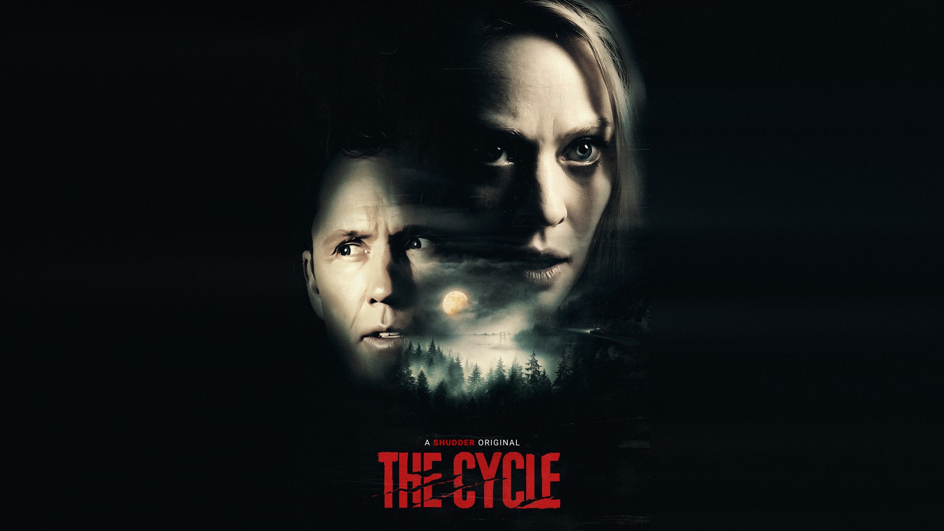 Official poster for The Cycle showing Deborah Ann Woll and Jeffrey Donovan above a moonlit forest