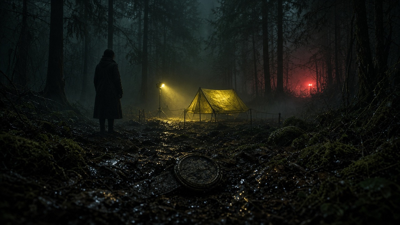 AI artwork of a lone figure in a dark, misty forest at night near a lit forensic tent