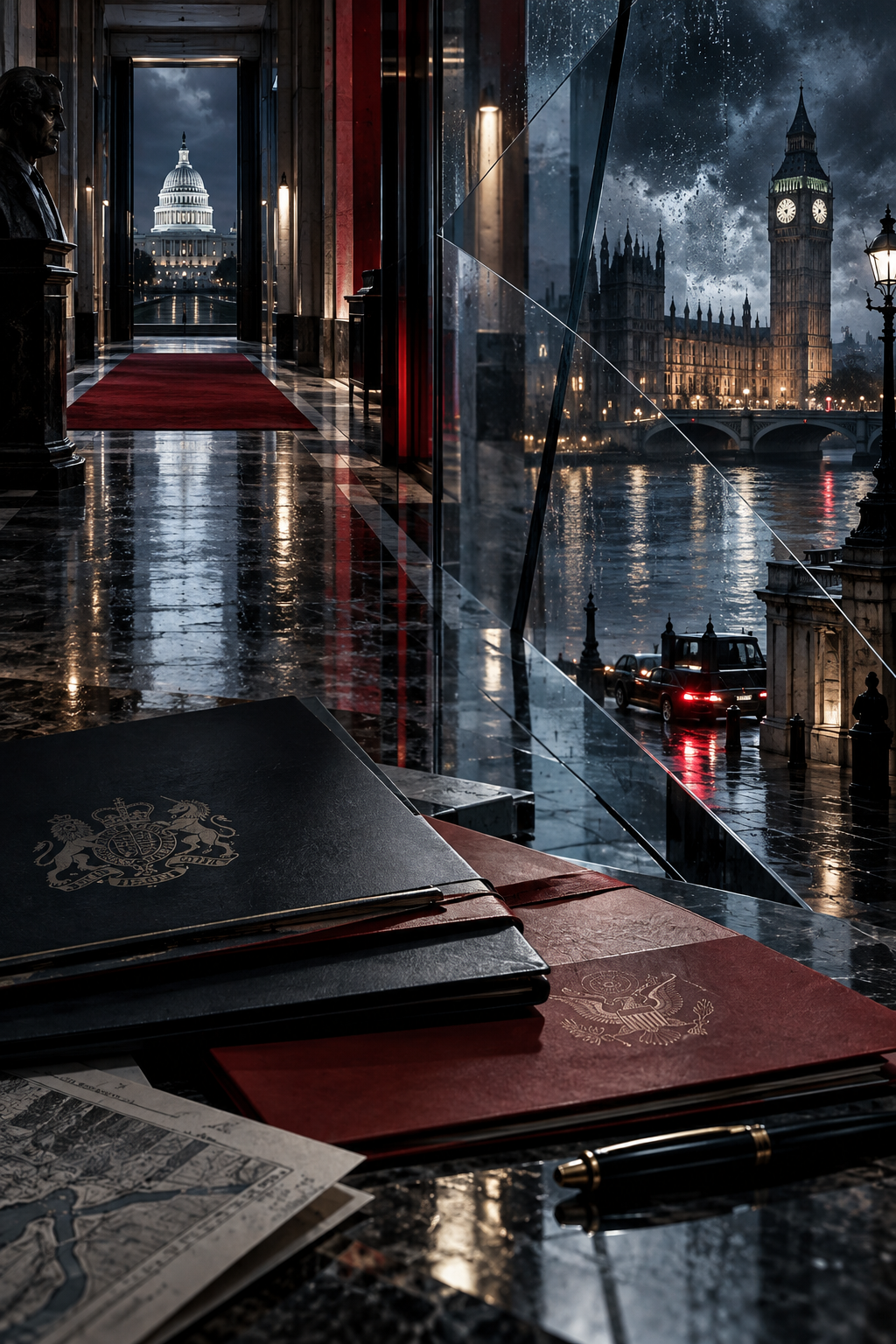 AI-created editorial illustration evoking The Diplomat season four through rain-lit London and Washington diplomatic corridors