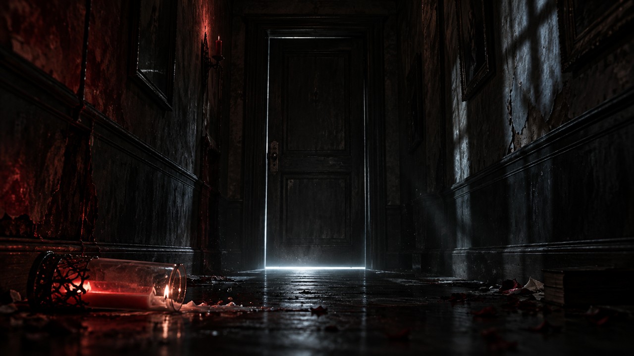 Editorial horror illustration of a dark corridor, closed door and fallen candle