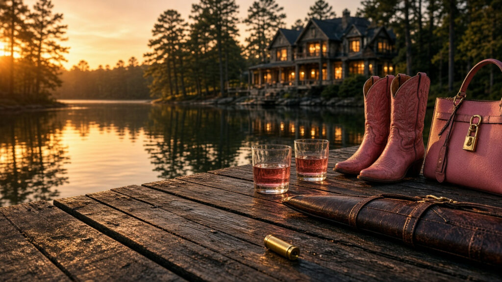 AI artwork of a wooden dock on an East Texas lake at golden hour, with two glasses of rosé, pink cowboy boots, a handbag and a cased hunting rifle, and a lit lakeside mansion behind