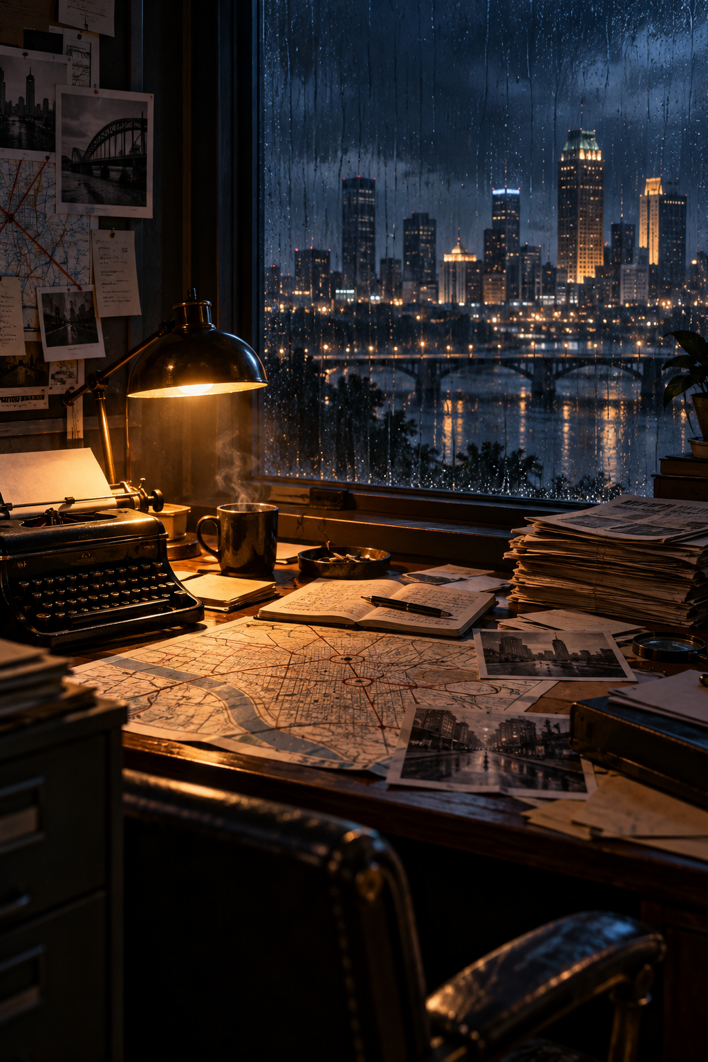 AI-created editorial illustration evoking The Lowdown season two through a rain-lit Tulsa newsroom and investigative notes