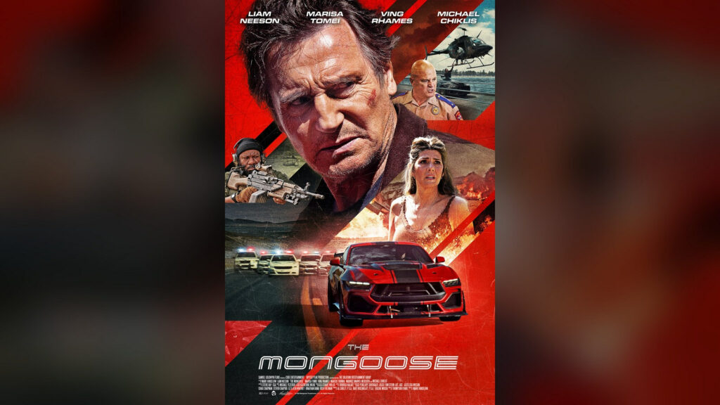 Official The Mongoose poster: Liam Neeson’s scarred face looms over Marisa Tomei, Ving Rhames and Michael Chiklis, with a red sports car racing ahead of police cars and a helicopter