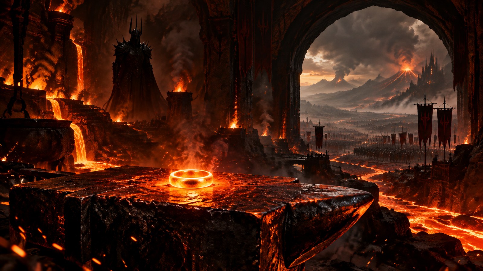 AI artwork of a plain gold ring glowing on an anvil in a volcanic forge, an armoured figure in the shadows and an army gathering beyond a great archway