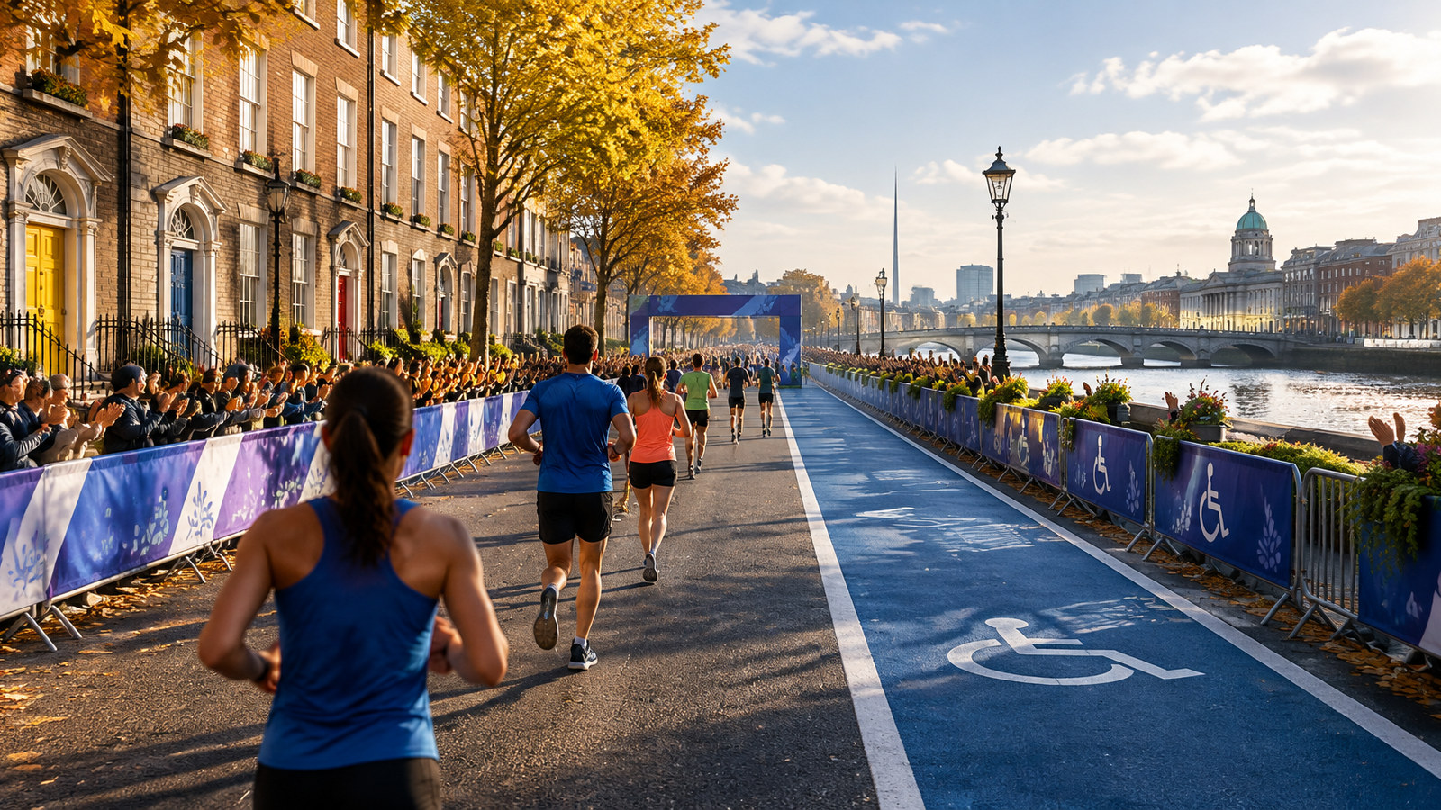 AI artwork: the finishing stretch of a Dublin marathon on a bright autumn morning, with cheering crowds and Georgian doorways beside the River Liffey