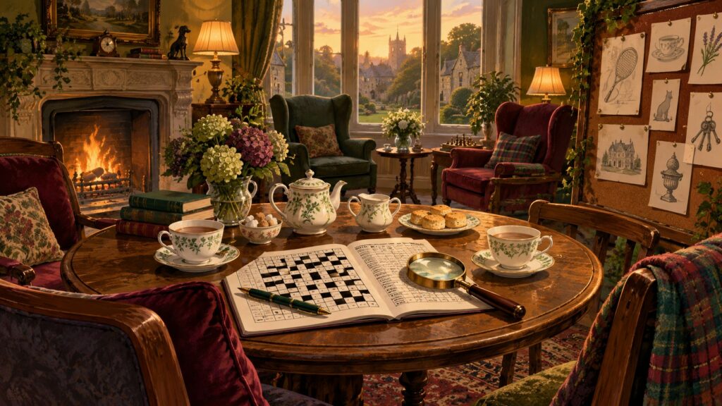 Original editorial illustration of a warm country-house lounge with a crossword, magnifying glass and tea set
