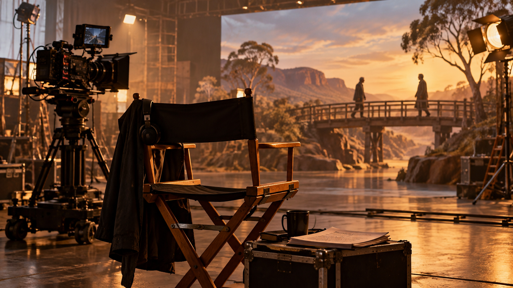 An empty director chair and cinema camera on an Australian film set