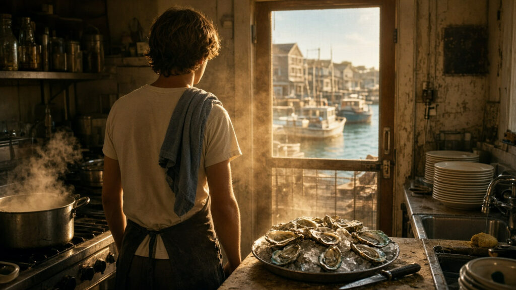 AI artwork of a sunlit 1970s seafood-shack kitchen on Cape Cod, a teenage kitchen hand seen from behind looking out at a harbour, with steaming pots and freshly shucked oysters on ice