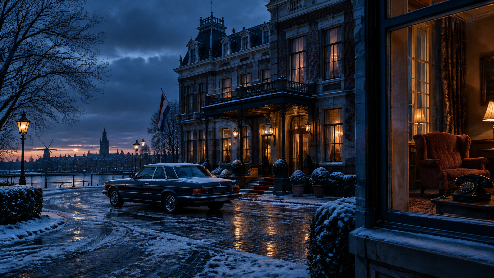 AI artwork: a grand Dutch hotel on a snowy winter evening, with a vintage car outside and an empty armchair and telephone by a lit window