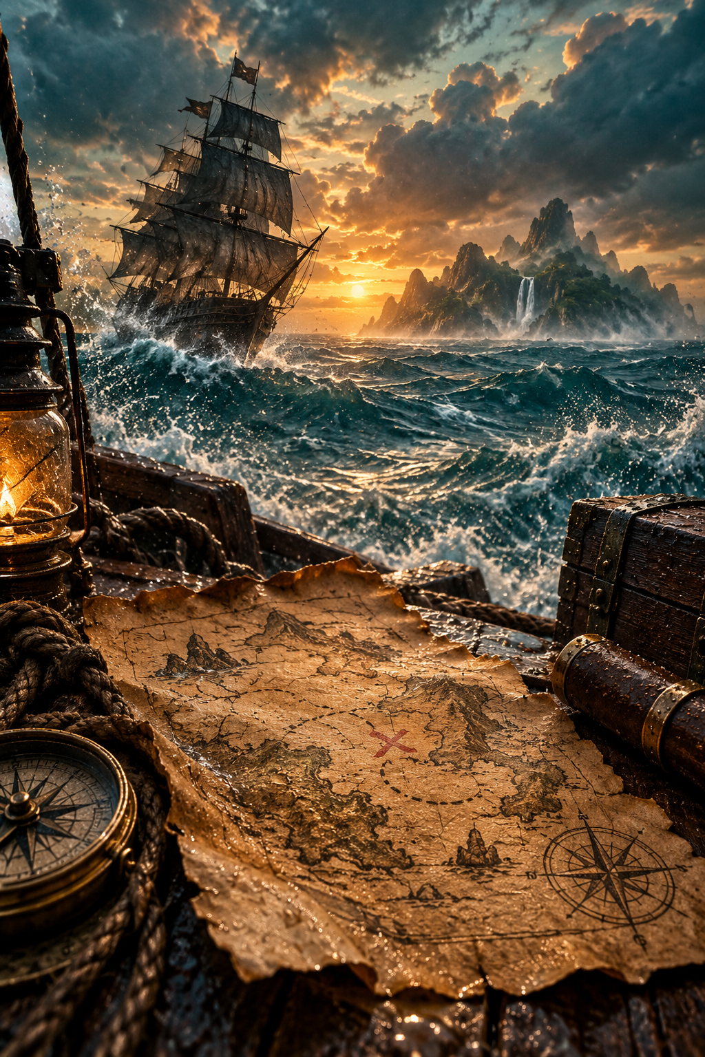 AI-created editorial illustration evoking Treasure Island through a storm-tossed sailing ship, weathered map and distant island