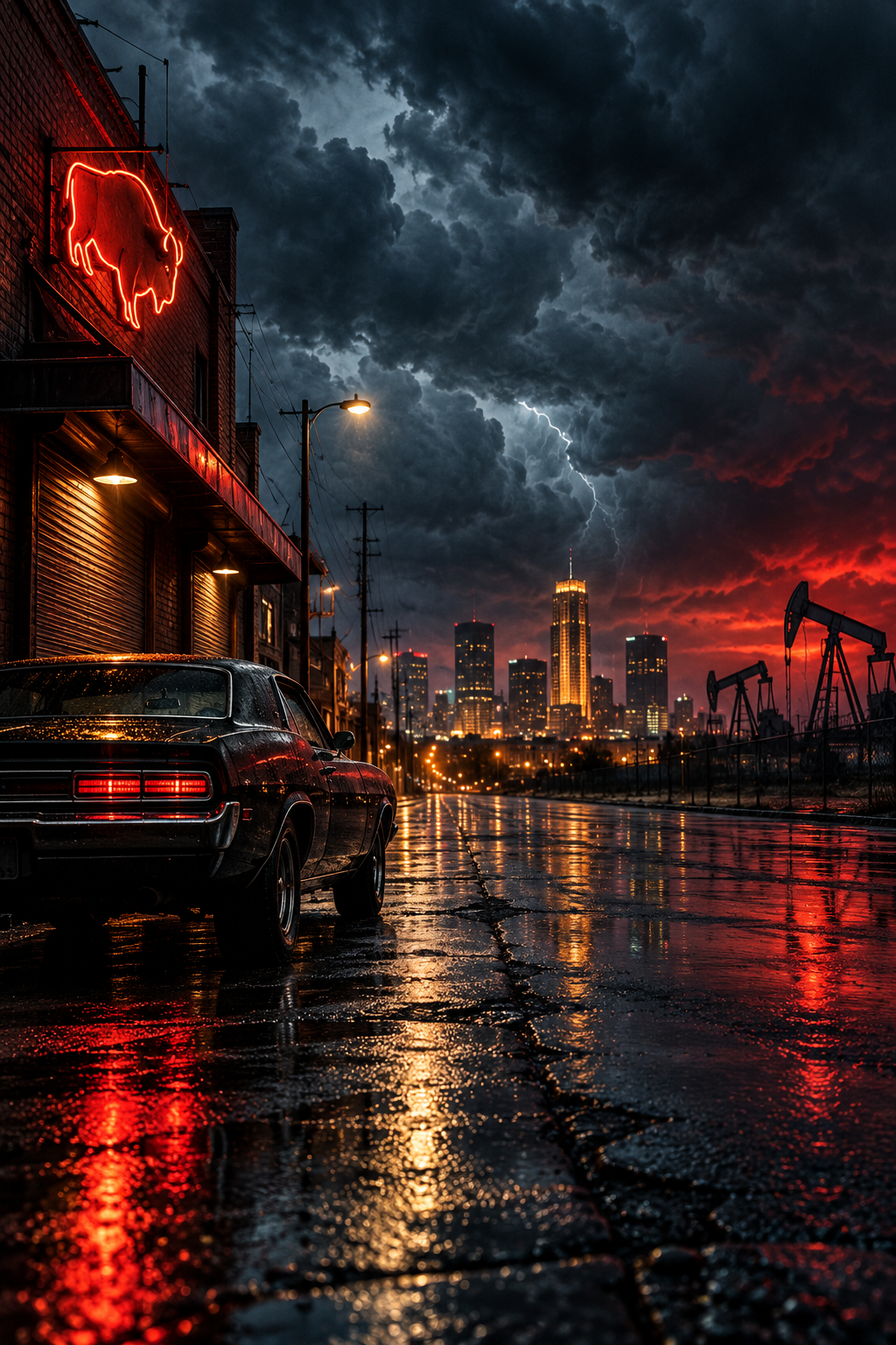 AI-created editorial illustration evoking Tulsa King season four with a classic car on a storm-dark Tulsa street
