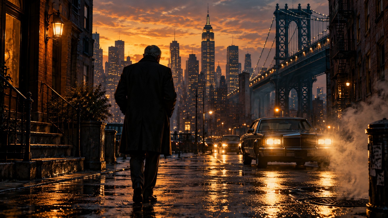 Illustrated New York street at dusk with a distant anonymous figure
