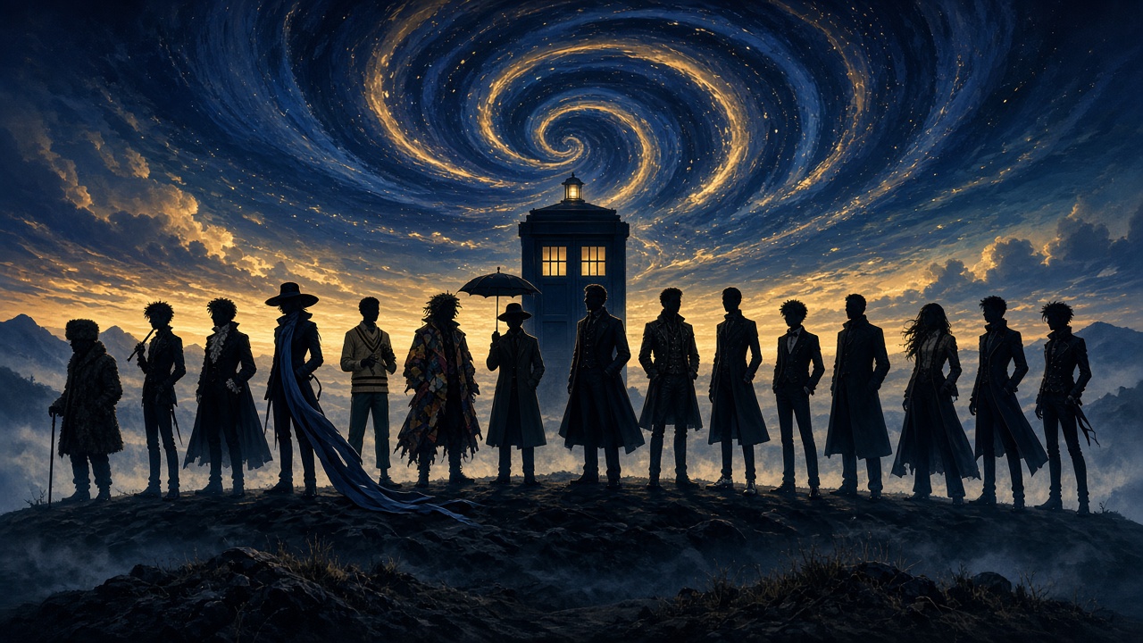 Illustration: silhouettes of the Doctors lined up before a blue police box