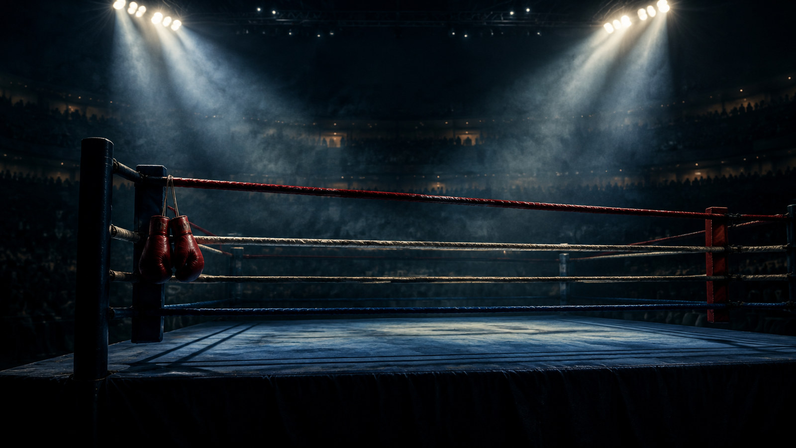 AI artwork: an empty boxing ring under spotlights in a dark arena, with red gloves hanging on the ropes