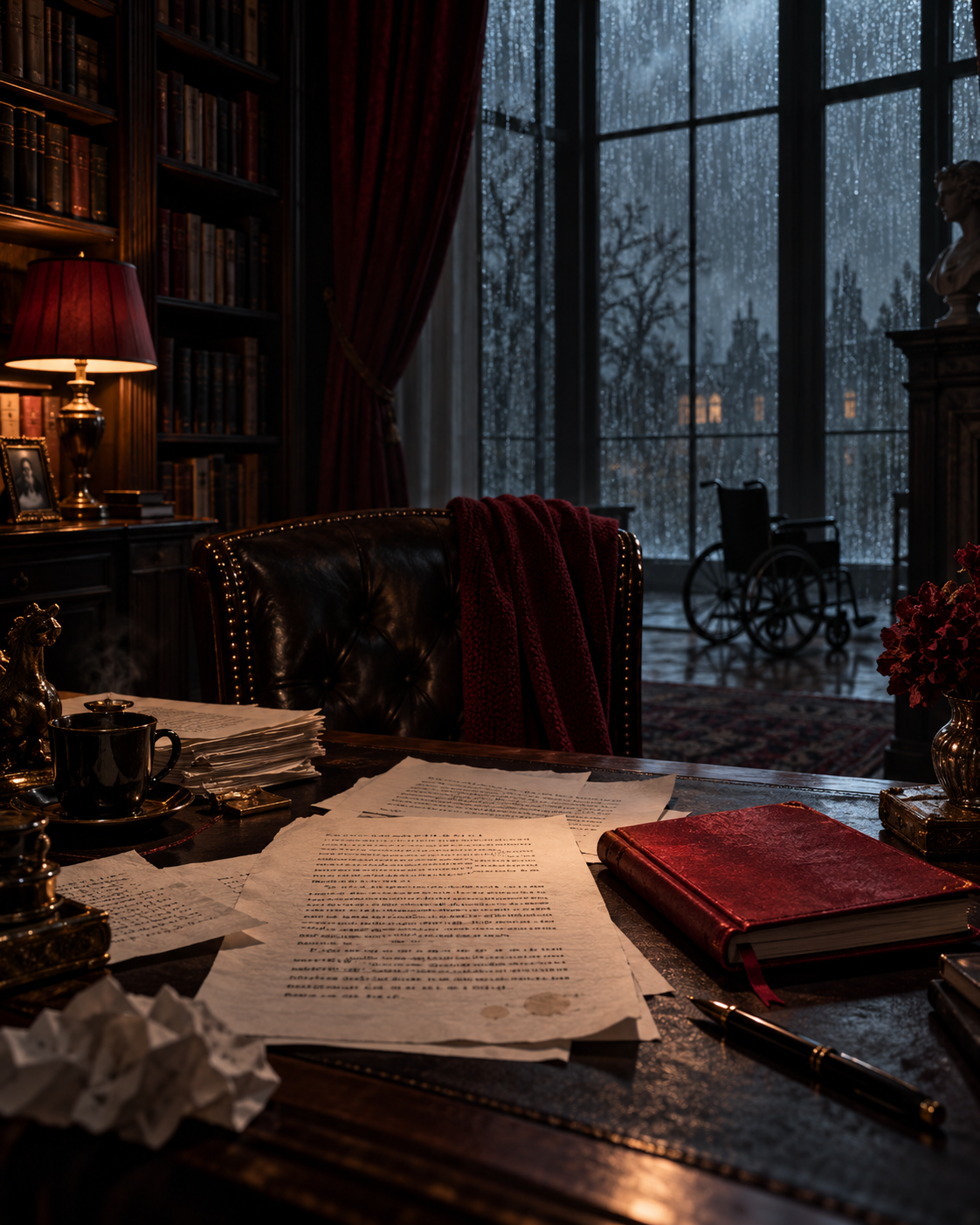 Original editorial illustration of a rain-darkened writer's library with pages, a red notebook and an empty wheelchair.