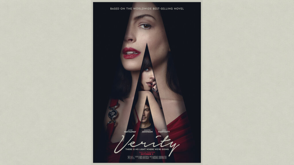 Official Verity poster with Anne Hathaway, Dakota Johnson and Josh Hartnett, preserved within a landscape editorial image