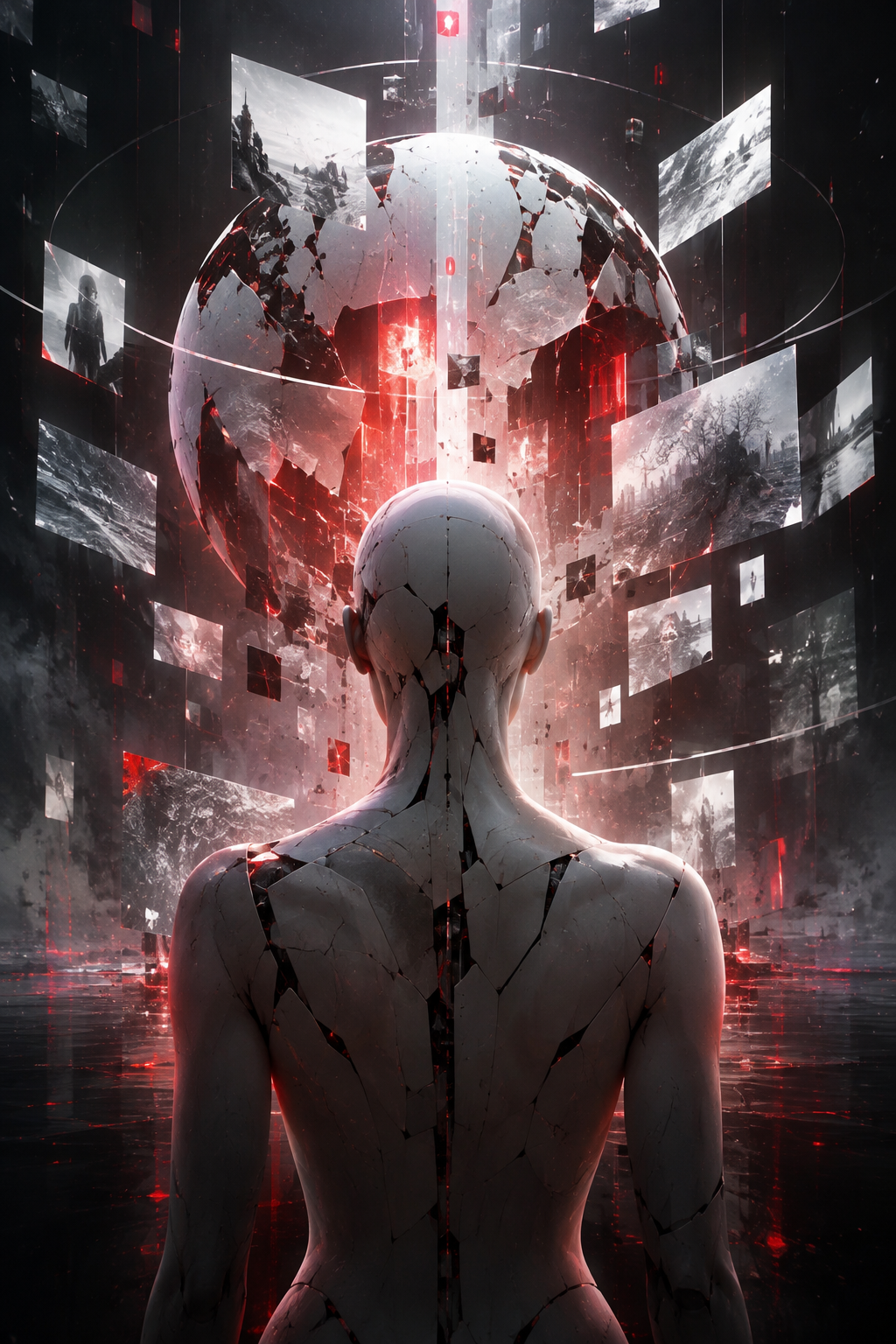AI-created editorial illustration evoking VisionQuest through an anonymous synthetic figure and fragmented memory imagery