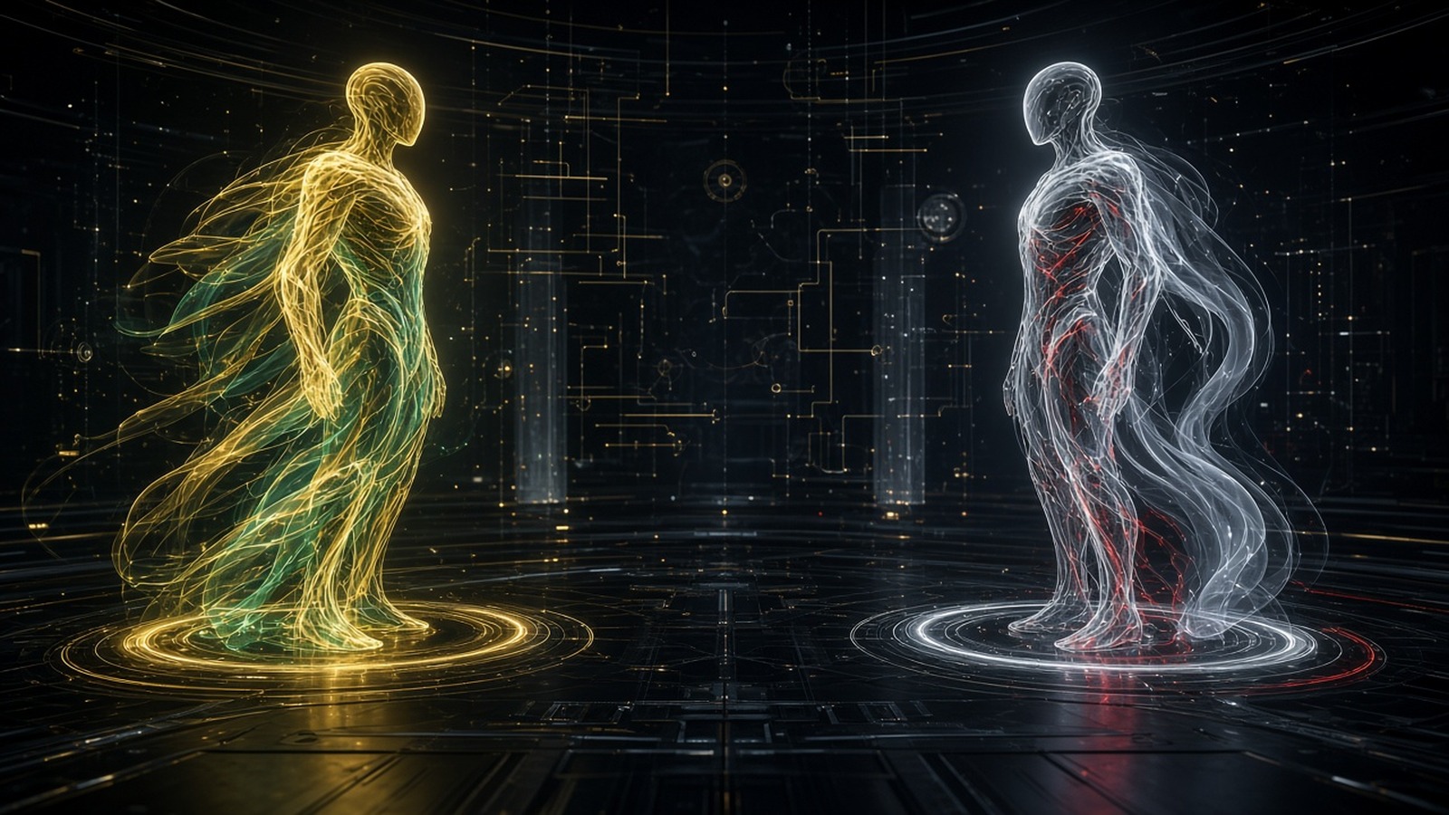 AI artwork of two glowing synthetic figures, one gold and green and one silver and red, facing each other across a dark digital chamber