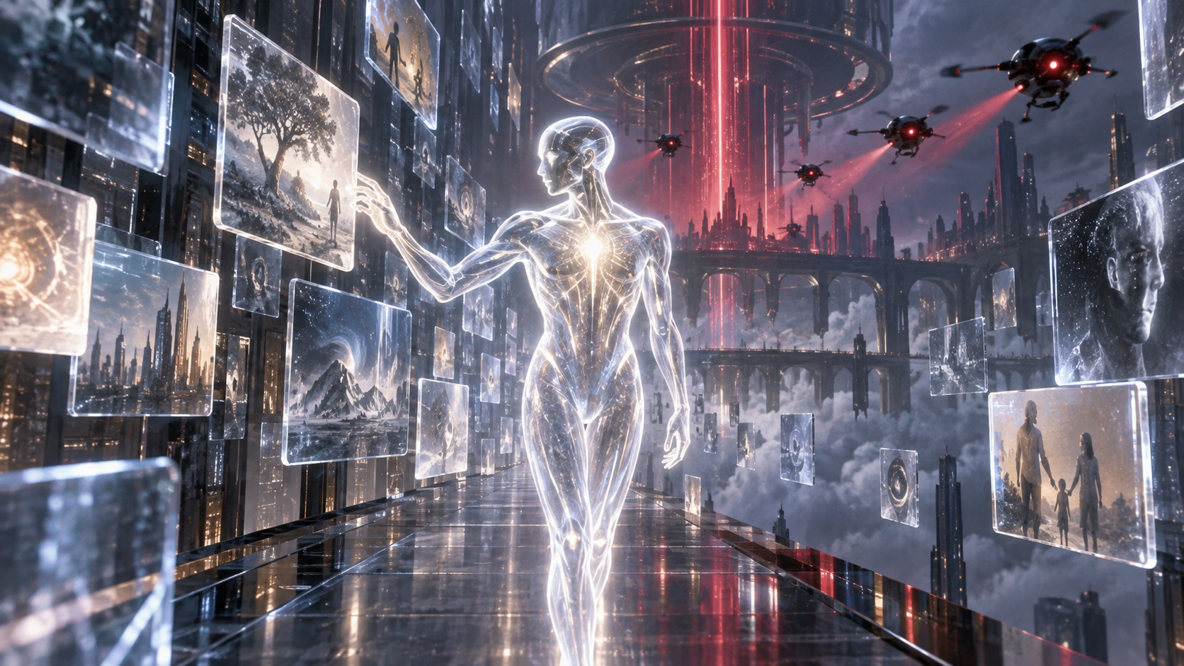 An original translucent synthetic figure surrounded by fractured artificial memories