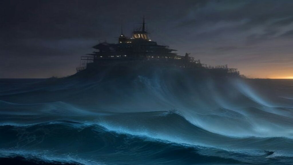 Illustration of a storm-lashed sea at night rising in an enormous wave towards a silhouetted harbour fortress, evoking the menace of Godzilla Minus Zero