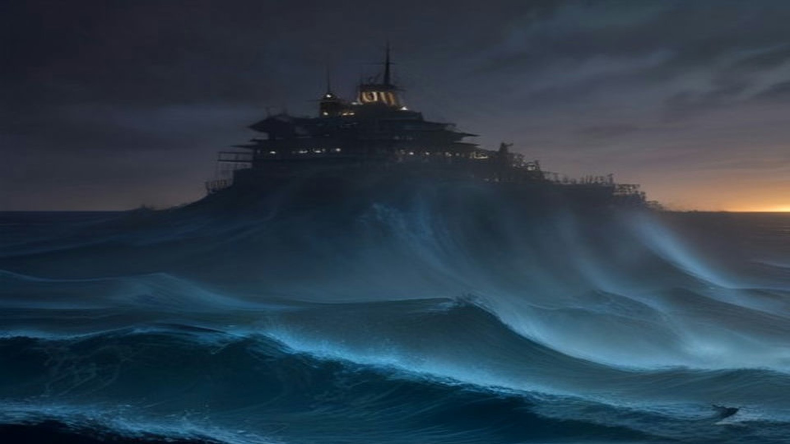 Illustration of a storm-lashed sea at night rising in an enormous wave towards a silhouetted harbour fortress, evoking the menace of Godzilla Minus Zero