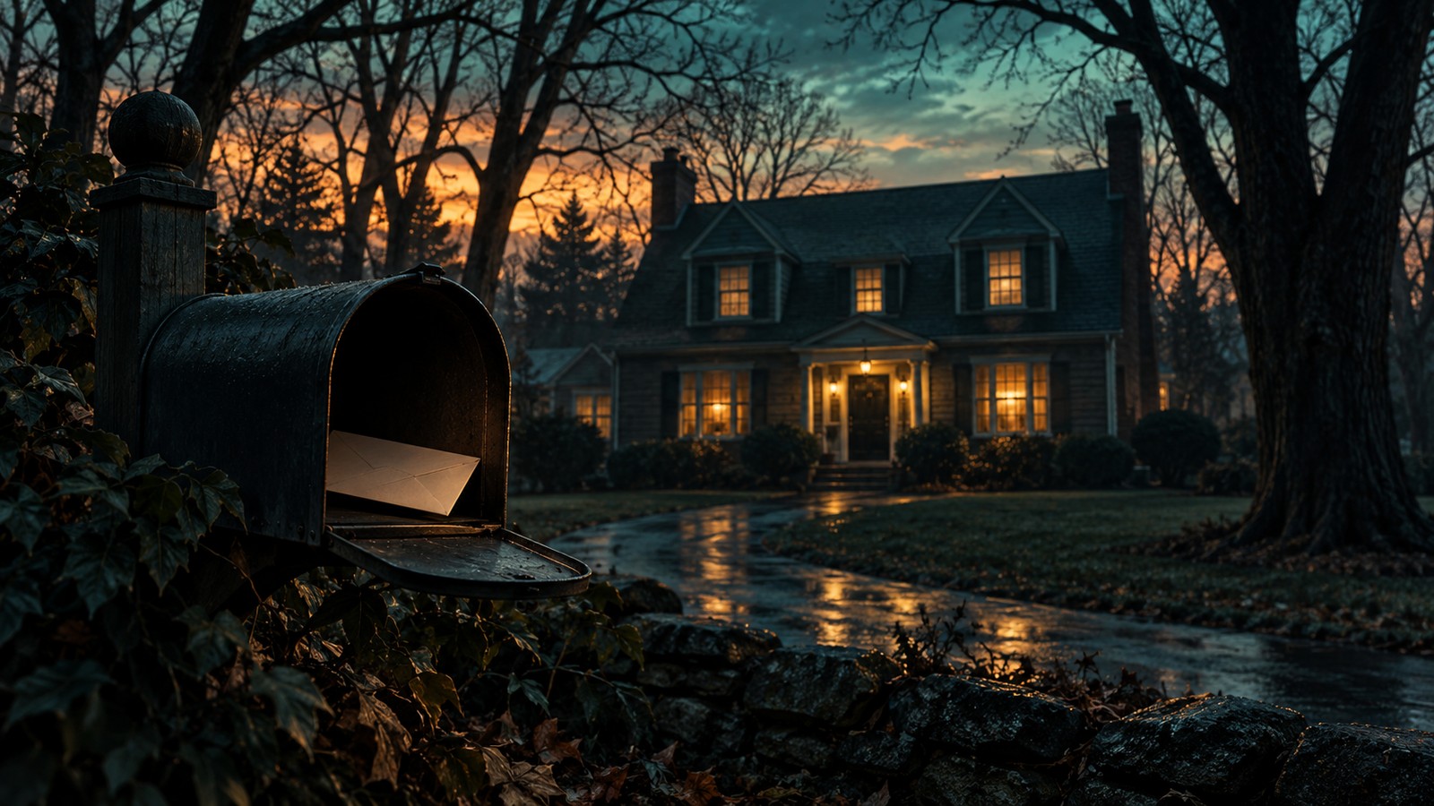 Original editorial illustration of a suburban house and an unmarked letter in a mailbox at dusk