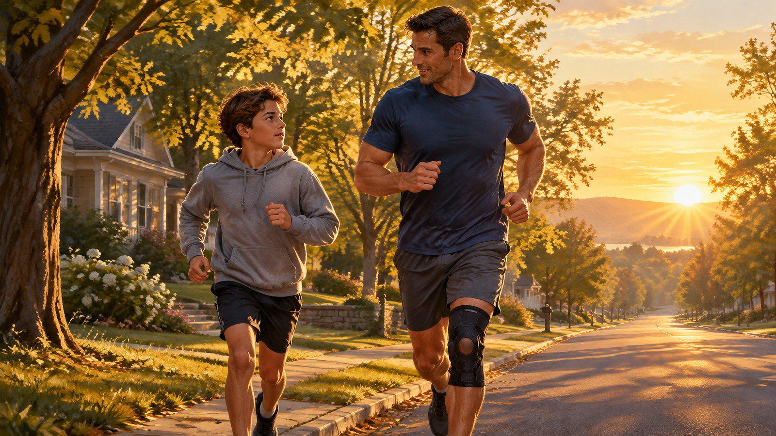AI artwork: a boy in a grey hoodie and a man in a navy T-shirt and knee brace running together along a leafy suburban street at sunrise