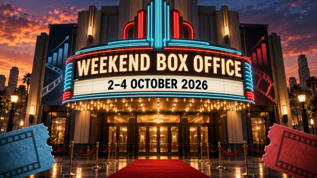 Cinematic cinema marquee reading Weekend Box Office, 2–4 October 2026, with abstract chart graphics and ticket stubs.