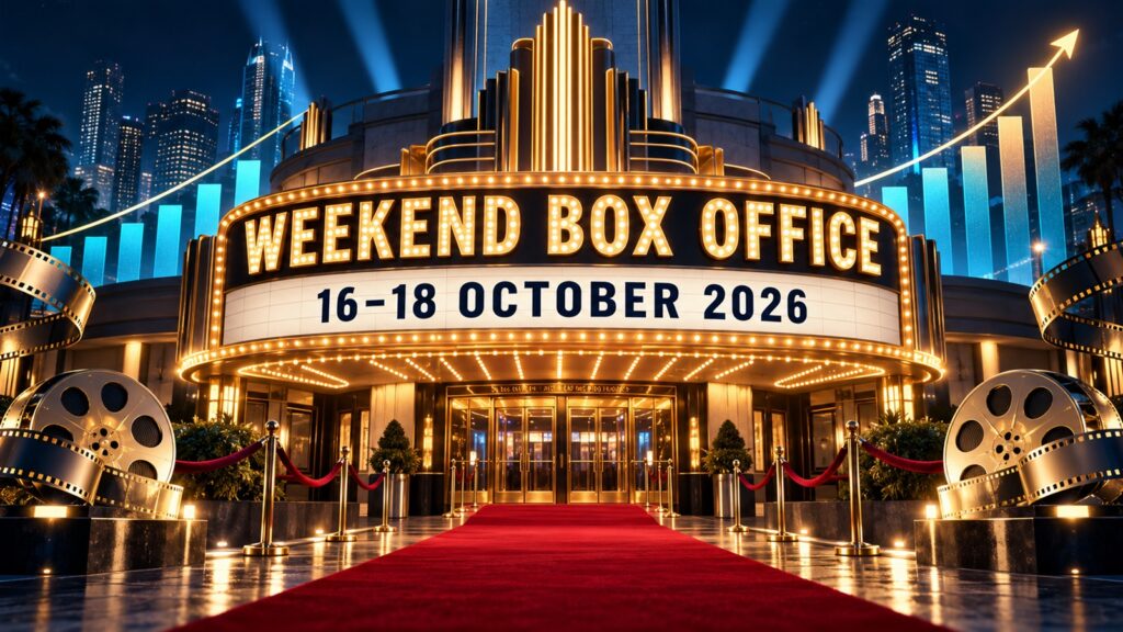 Art-deco cinema marquee reading Weekend Box Office, 16–18 October 2026, above a red carpet and rising chart graphics.