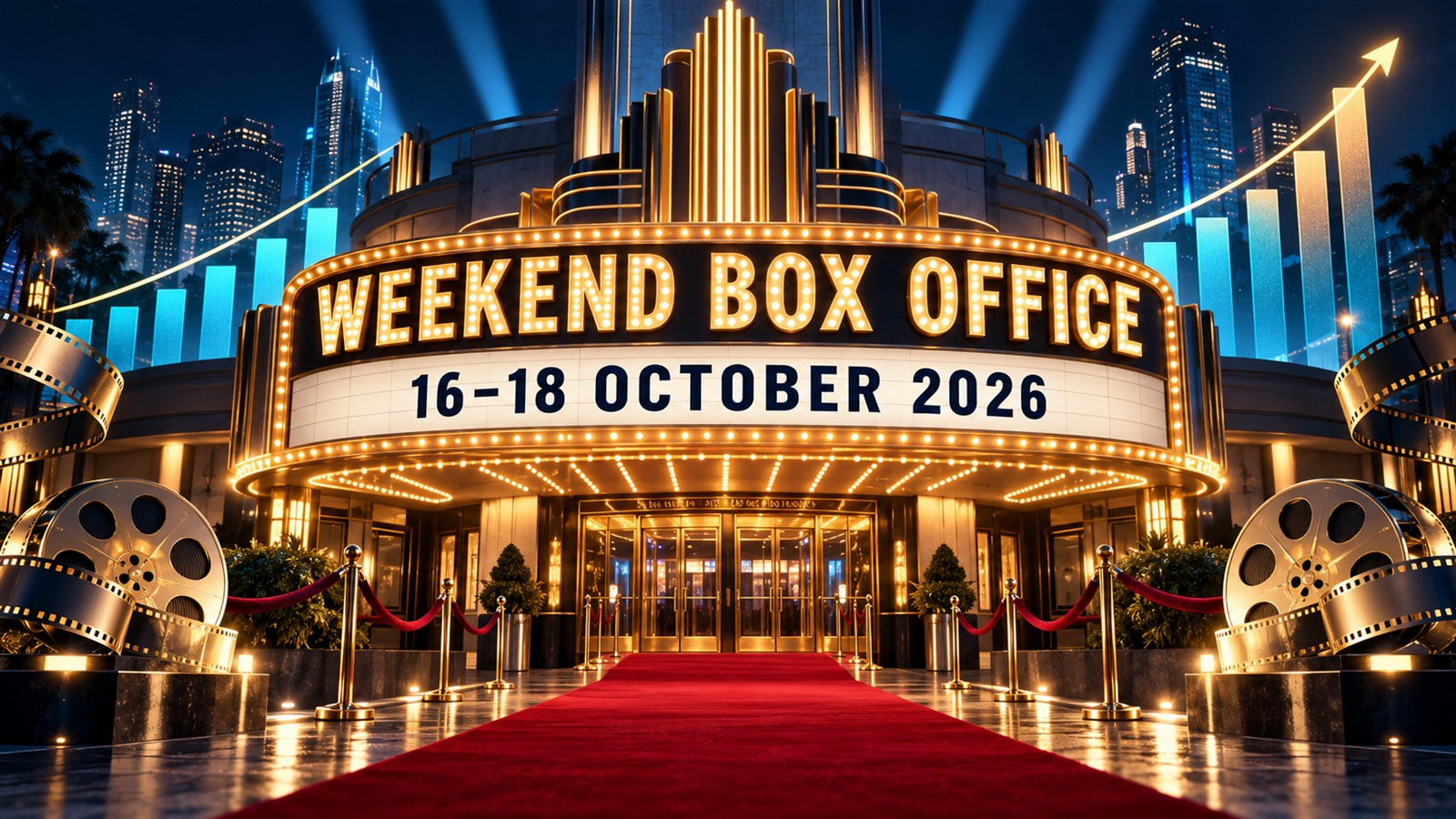 Art-deco cinema marquee reading Weekend Box Office, 16–18 October 2026, above a red carpet and rising chart graphics.