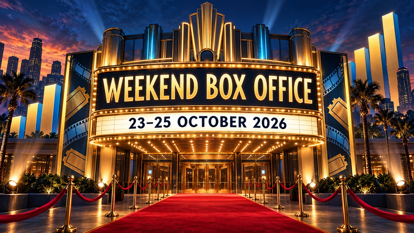 Art-deco cinema marquee reading Weekend Box Office, 23–25 October 2026, above a red carpet and rising chart graphics.
