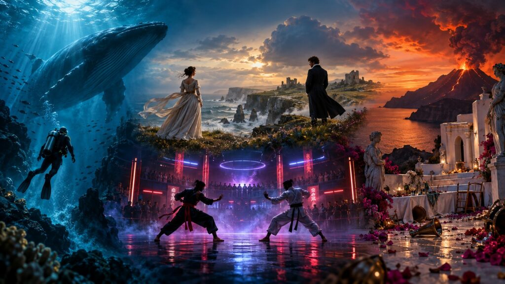 Original Weekly Cinema Pack artwork blending ocean survival, Regency romance, tournament action and a volcanic island gala