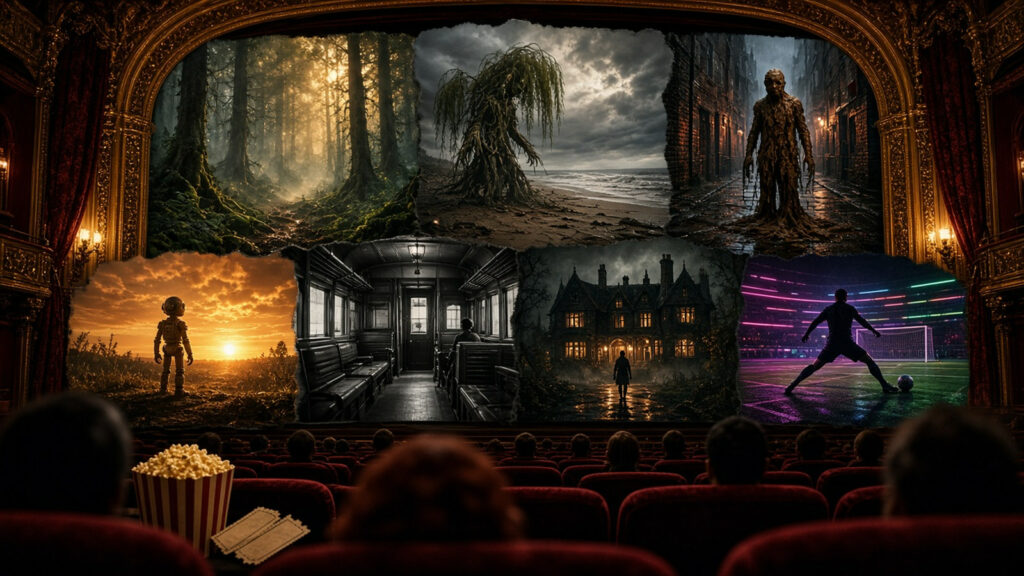 AI artwork of a grand old picture palace whose screen is split into panels of different film worlds, from a misty forest and a haunted house to a neon football pitch, above rows of red velvet seats