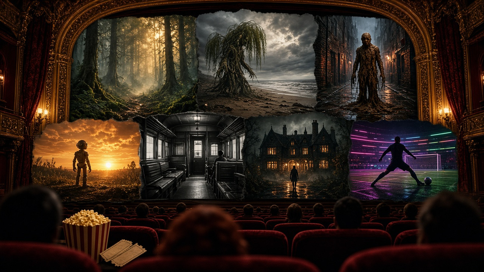 AI artwork of a grand old picture palace whose screen is split into panels of different film worlds, from a misty forest and a haunted house to a neon football pitch, above rows of red velvet seats