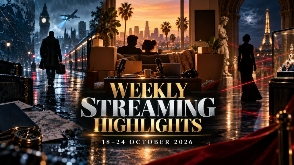 AI-created Weekly Streaming Highlights banner for 18 to 24 October 2026 blending espionage, romantic comedy and Parisian crime