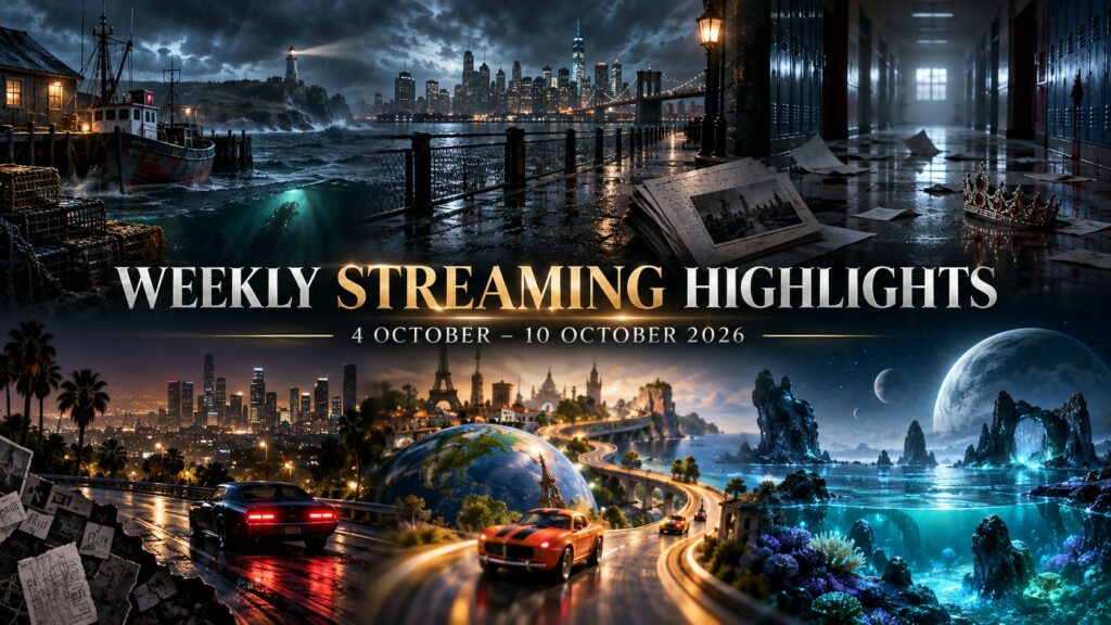 Weekly Streaming Highlights banner for 4 October to 10 October 2026, blending maritime horror, New York crime, school terror, civic thriller, road action and elemental fantasy