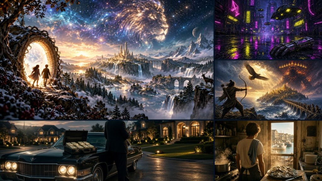 AI artwork collage: children entering a glowing portal to a fantasy world, a neon cyberpunk city, an archer facing a fiery crowned figure, a man by a black Cadillac in a Texas suburb, and a young cook in a Cape Cod kitchen