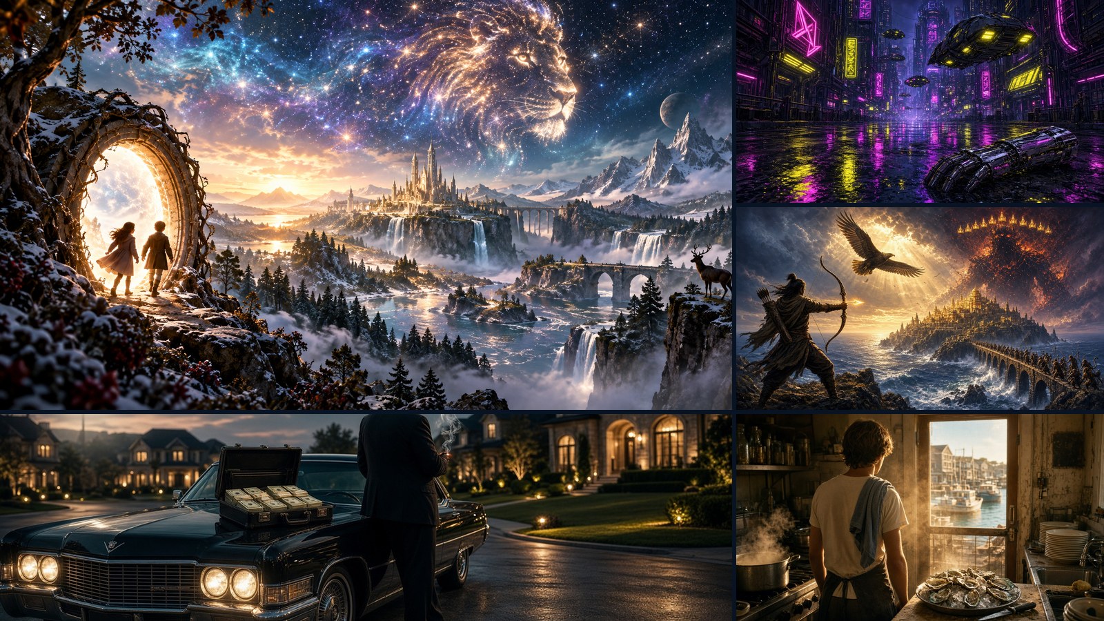 AI artwork collage: children entering a glowing portal to a fantasy world, a neon cyberpunk city, an archer facing a fiery crowned figure, a man by a black Cadillac in a Texas suburb, and a young cook in a Cape Cod kitchen
